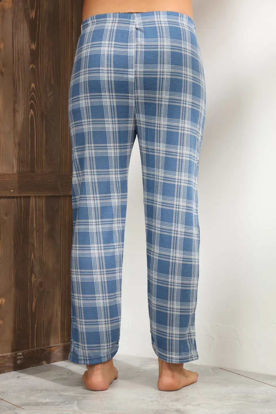 Pantaloni pijama bărbați albastri cu gri în carouri, croială lejeră-big size