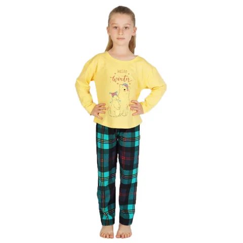 Pijama copii, mânecă lungă, pantalon lung, imprimeu Hello Winter, Galben