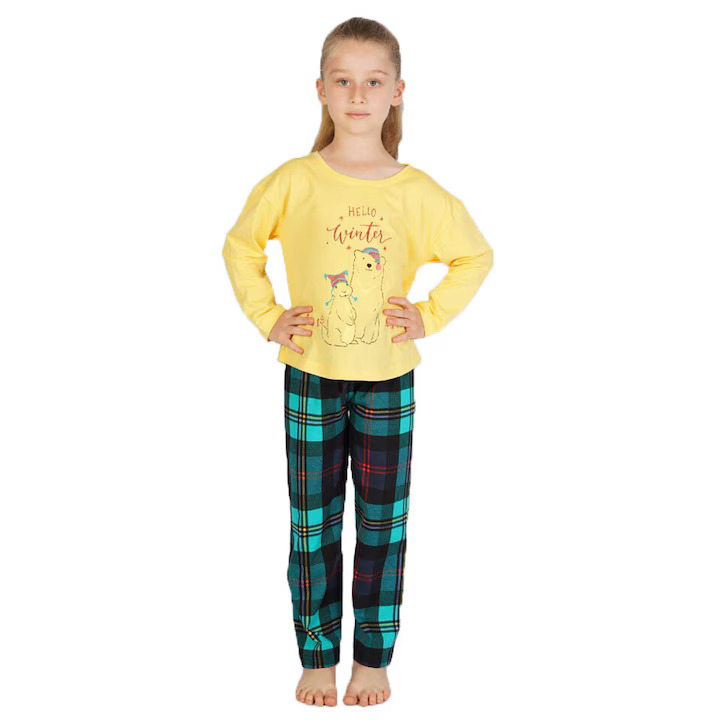 Pijama copii, mânecă lungă, pantalon lung, imprimeu Hello Winter, Galben