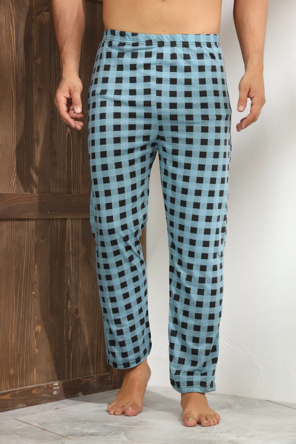 Pantaloni pijama bărbați, albaștri cu pătrățele negre, croială lejeră-big size