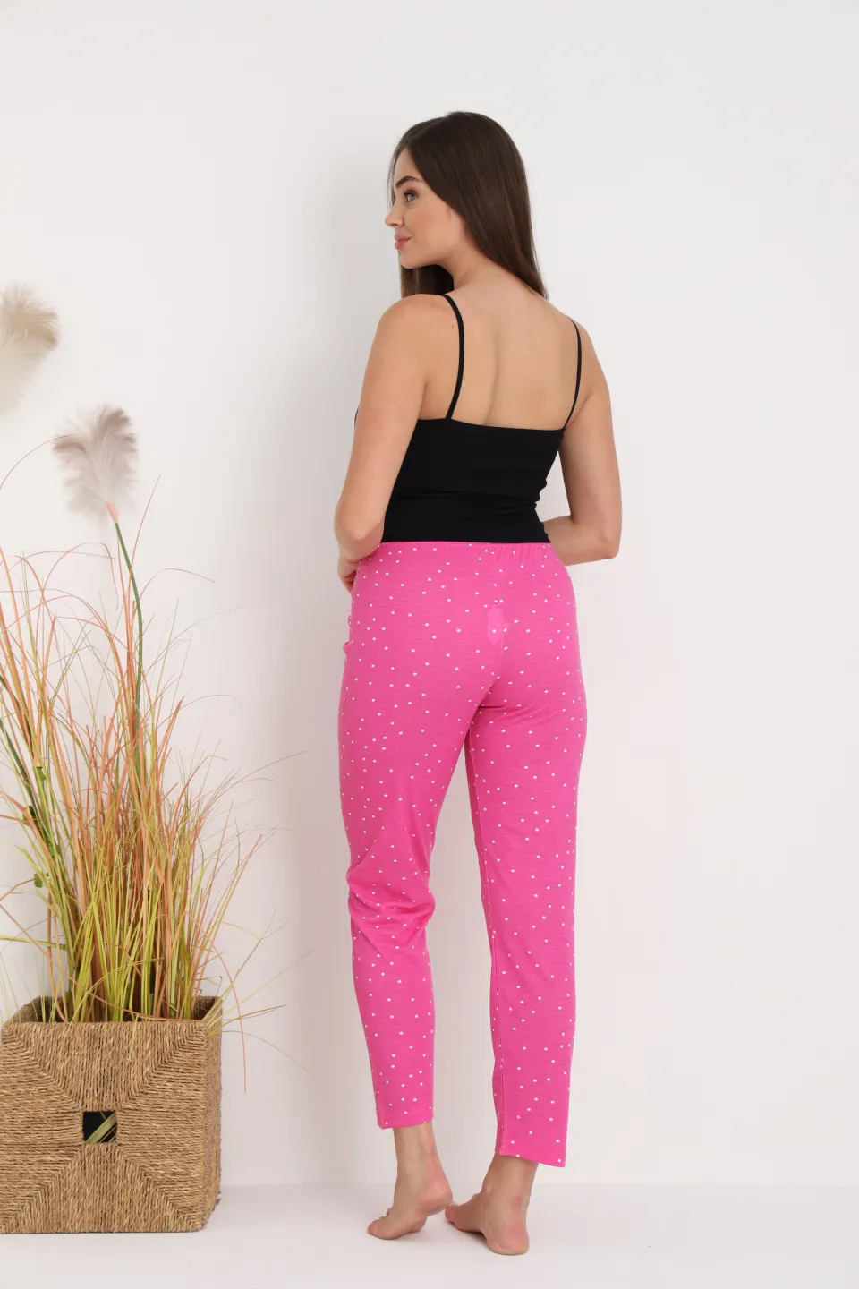 Pantaloni de pijama damă roz cu puncte albe
