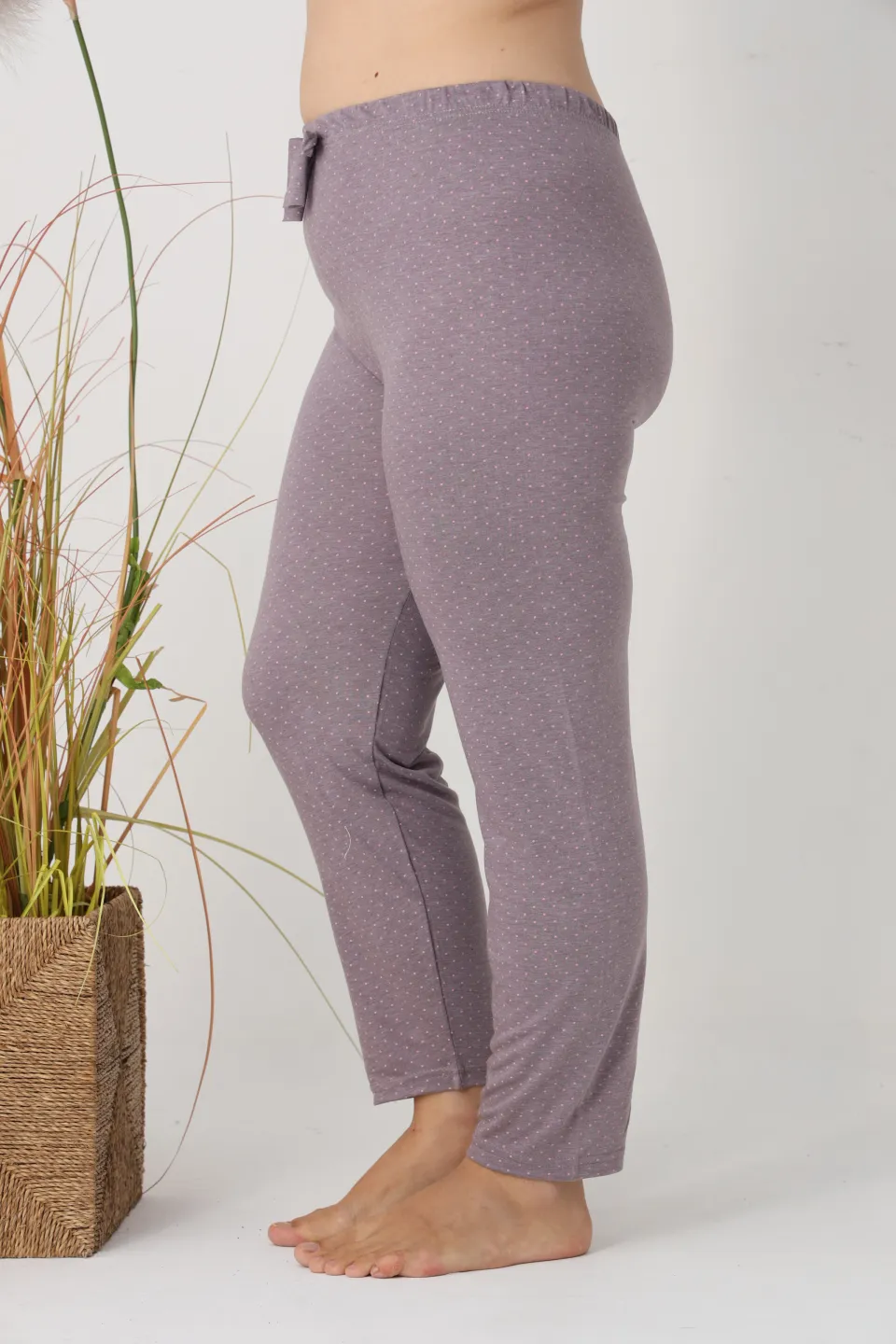 Pantaloni de pijama damă Big Size, gri cu puncte roz