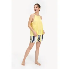 Pijama damă cu bluză tip maiou cu bretele și pantaloni scurți cu dungi,  culoare galben