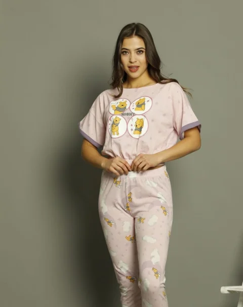 Pijama damă, cu mânecă scurtă  și pantaloni lungi din bumbac, imprimeu Good Night