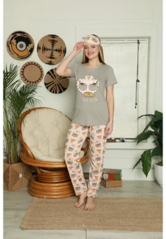 Pijama Dama din Bumbac – Set cu Tricou „I Love Pizza” și Pantaloni Lungi, Masca de Dormit, gri