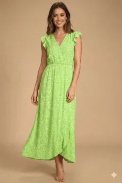 Rochie damă lungă, mâneci scurte cu volănașe, decolteu în V- verde