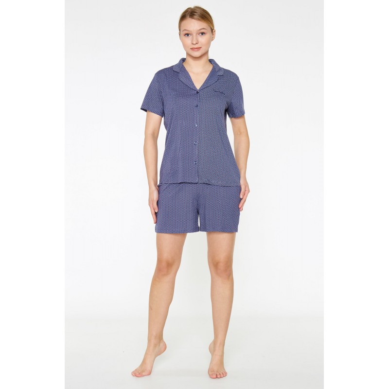 Pijama Dama din Viscoză – Bluza cu Mâneci Scurte și Pantaloni Scurți cu Elastic în Talie, Bleumarin