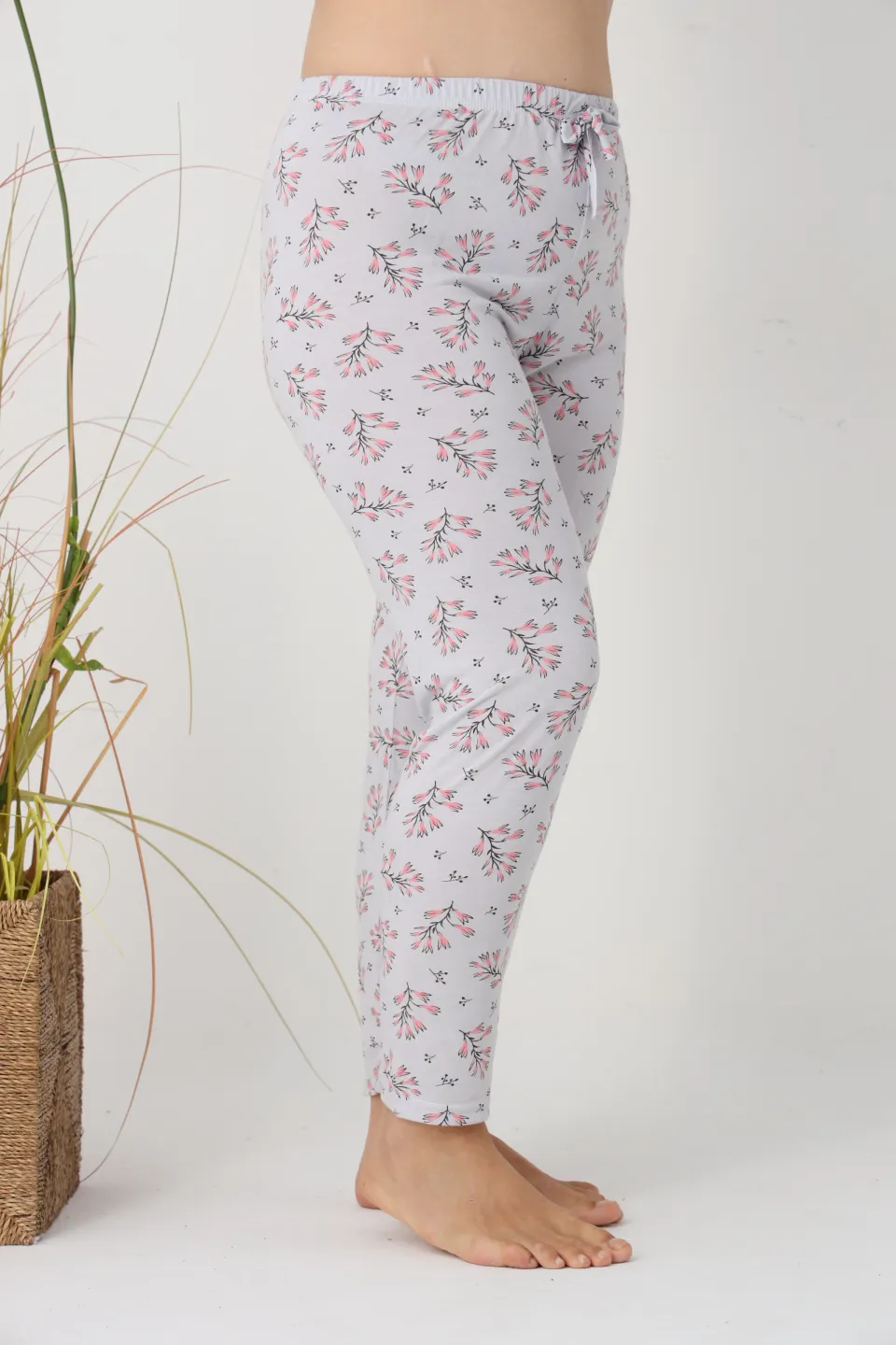 Pantaloni de pijama damă Big Size, turcoaz cu flori roz
