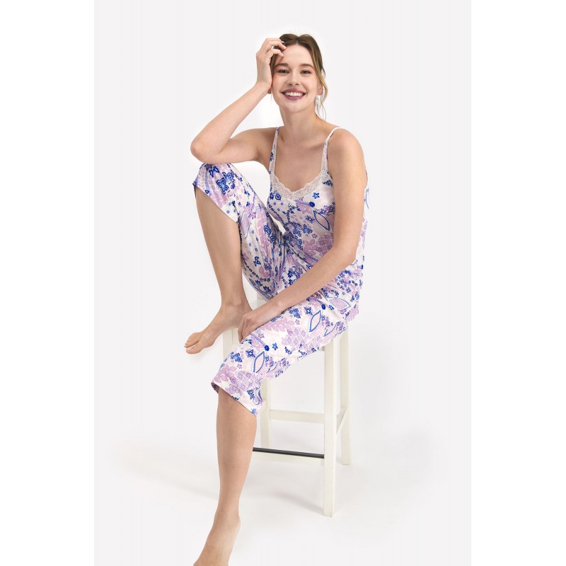 Pijama dama, maieu cu dantela si imprimeu floral, pantaloni 3/4, Mov