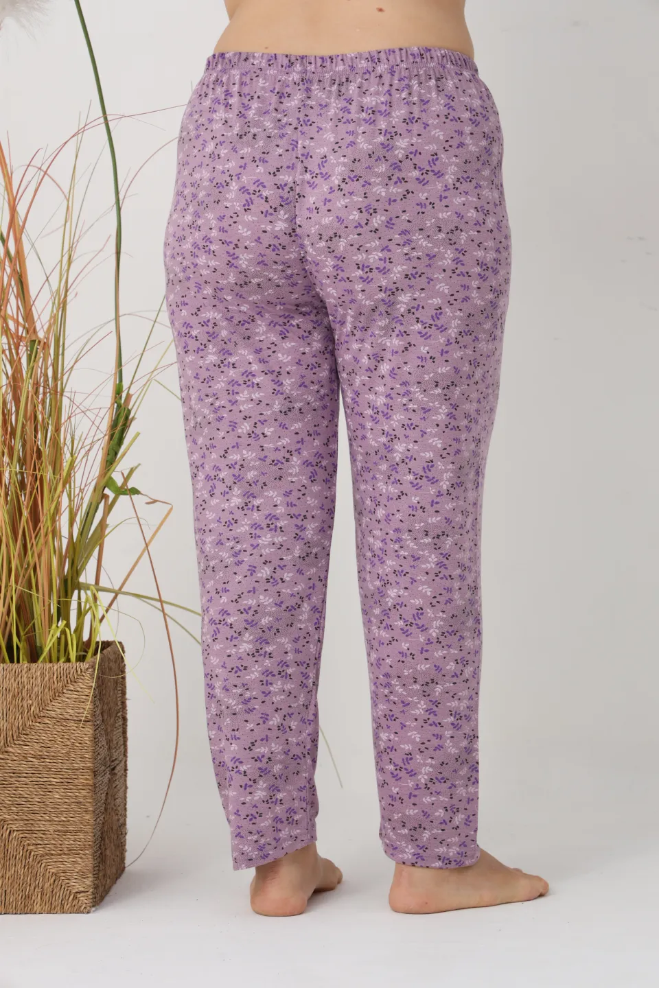 Pantaloni de pijama damă Big Size, mov cu flori multicolore