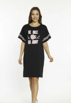 Rochie casual damă cu mânecă scurtă, până la genunchi, imprimeu Be Nice, negru