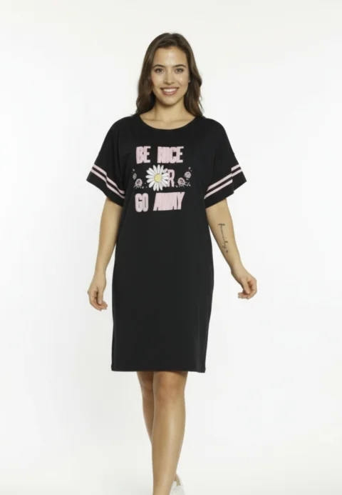 Rochie casual damă cu mânecă scurtă, până la genunchi, imprimeu Be Nice, negru