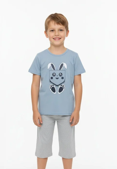 Pijama băieți Paște, gri – tricou bumbac 100% și pantaloni
