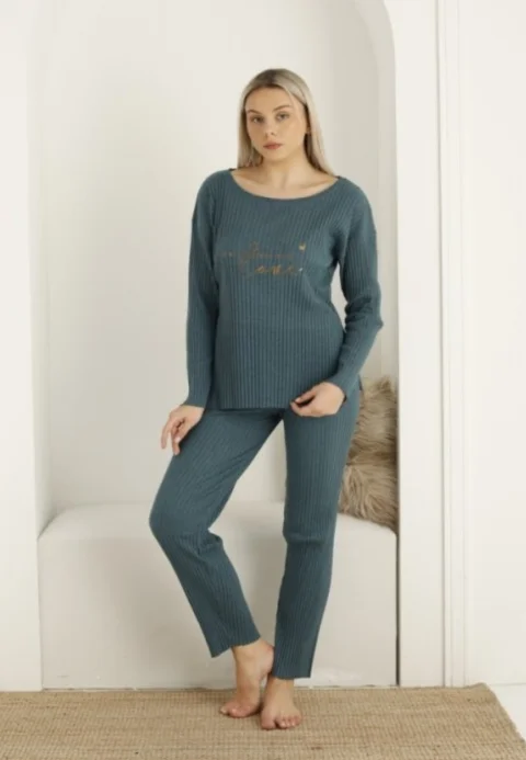 Pijama damă, mânecă lungă și pantaloni lungi cu imprimeu Love, blue