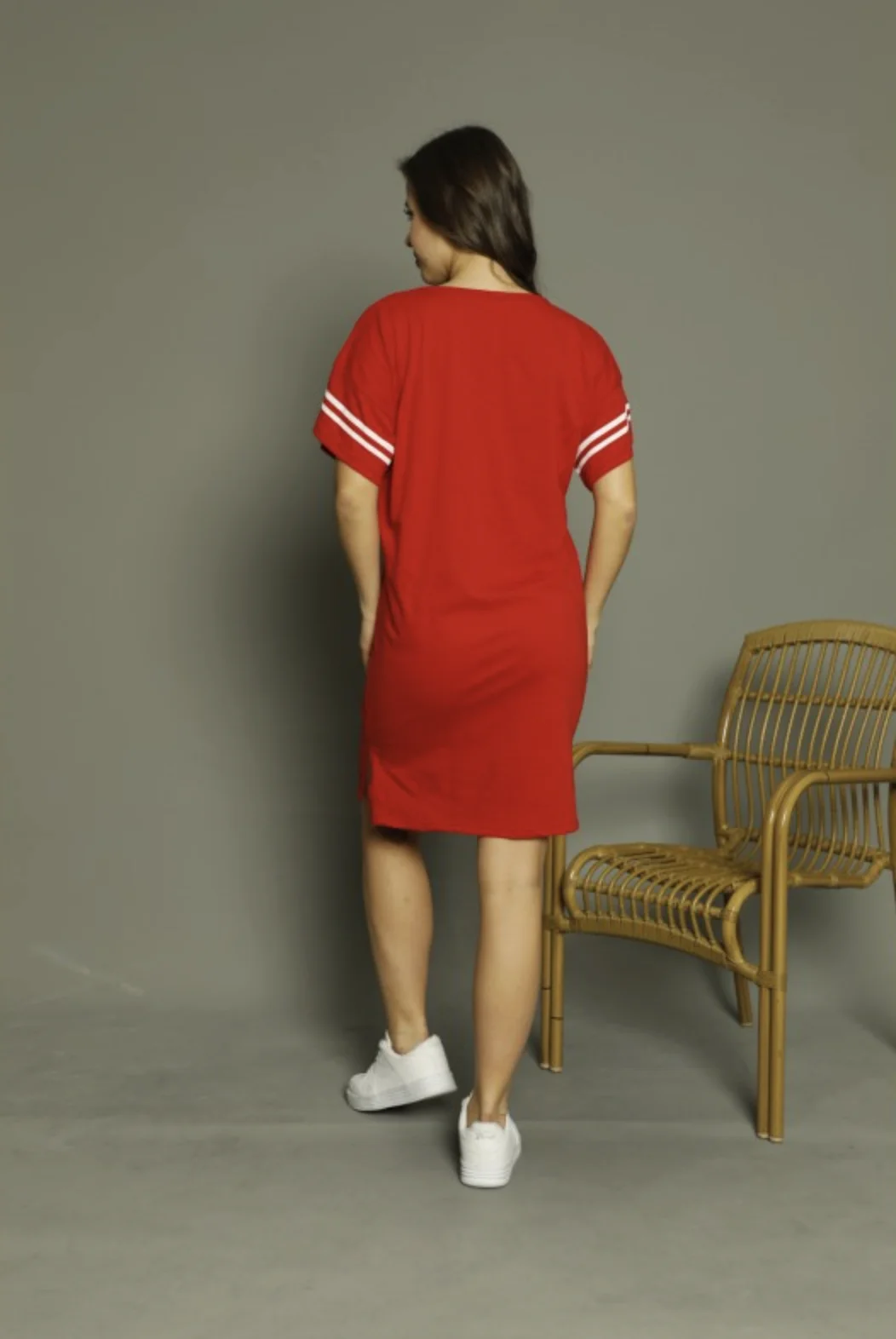 Rochie casual damă cu mânecă scurtă, până la genunchi, imprimeu Sad, rosu