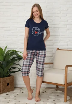 Pijama familie-damă, bumbac, mânecă scurtă și pantaloni 3/4, culoare bleumarin
