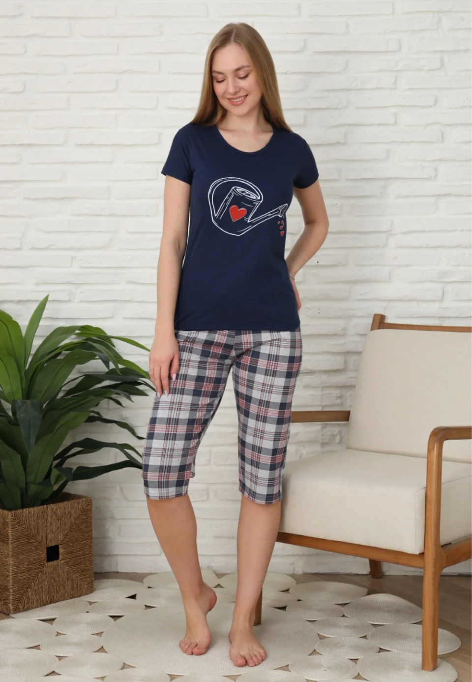 Pijama familie-damă, bumbac, mânecă scurtă și pantaloni 3/4, culoare bleumarin