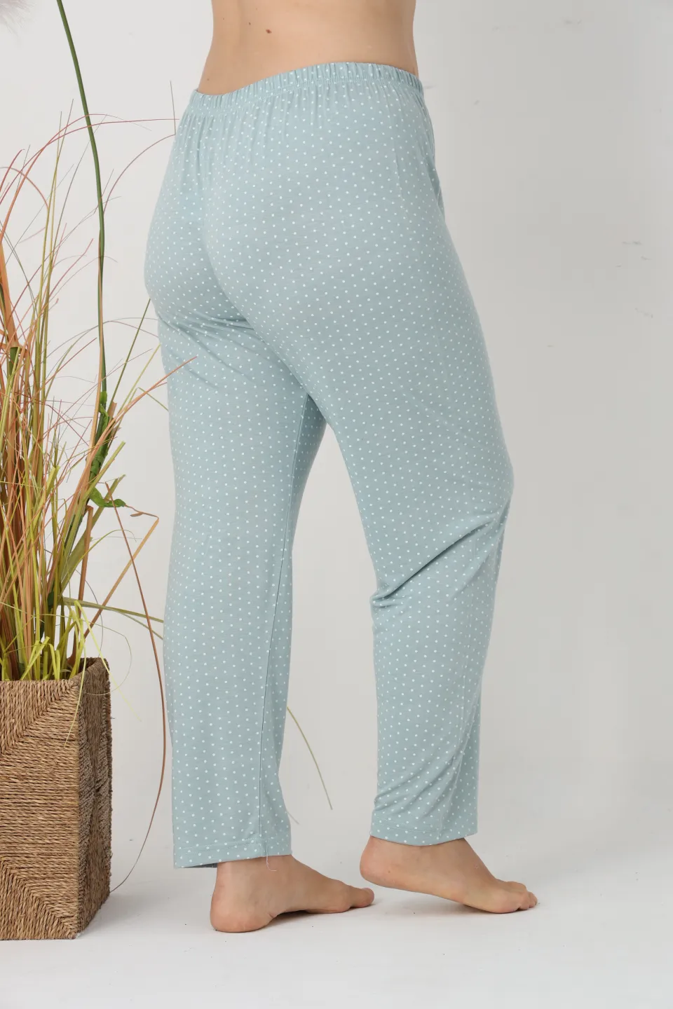 Pantaloni de pijama damă Big Size, verde cu puncte albe