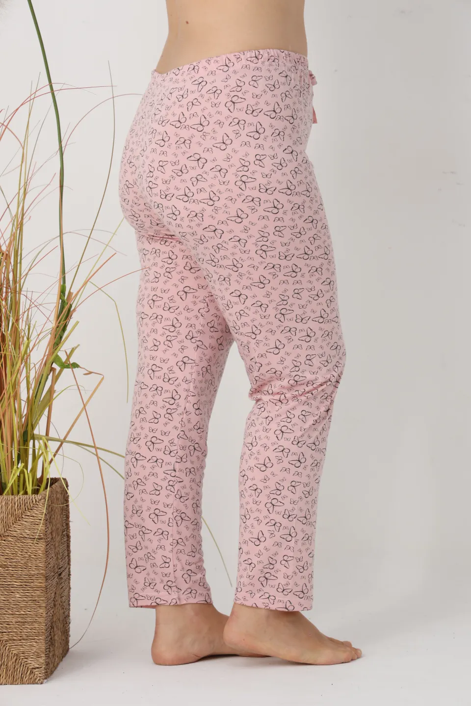 Pantaloni de pijama damă Big Size, roz cu fluturi