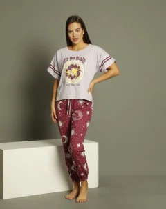 Pijama damă, cu mânecă scurtă  și pantaloni lungi din bumbac, imprimeu Blessed And Grateful