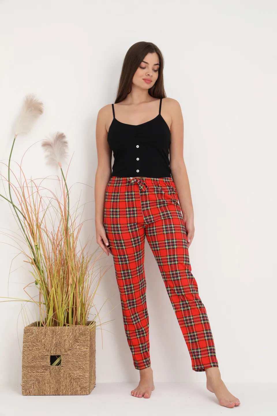 Pantaloni de pijama damă roșii cu carouri