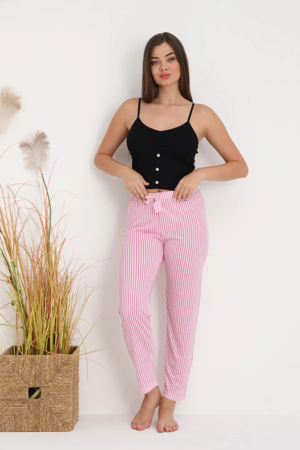 Pantaloni de pijama damă cu dungi roz și albe