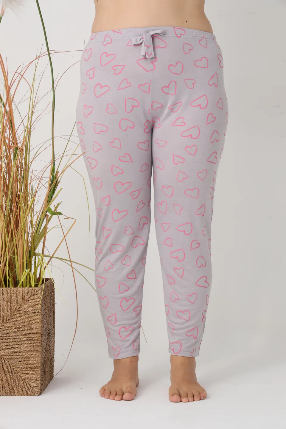 Pantaloni de pijama damă Big Size, gri cu inimioare roz