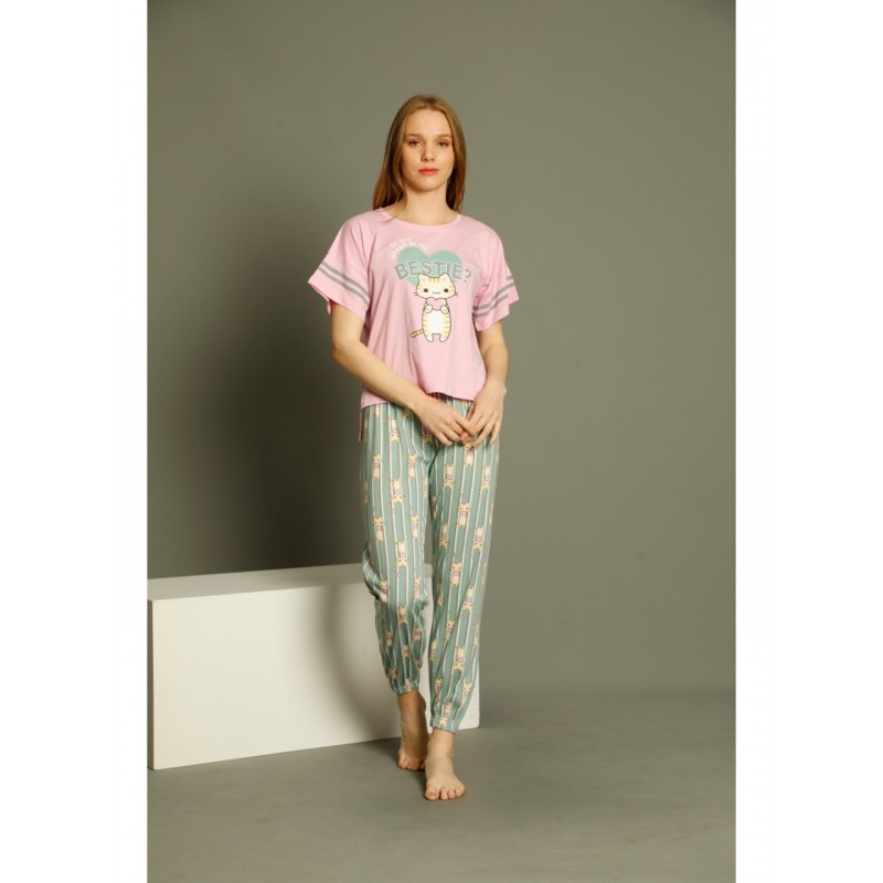 Pijamale Serena , maneca scurta, pantaloni lungi, culoare roz, imprimeu Bestie