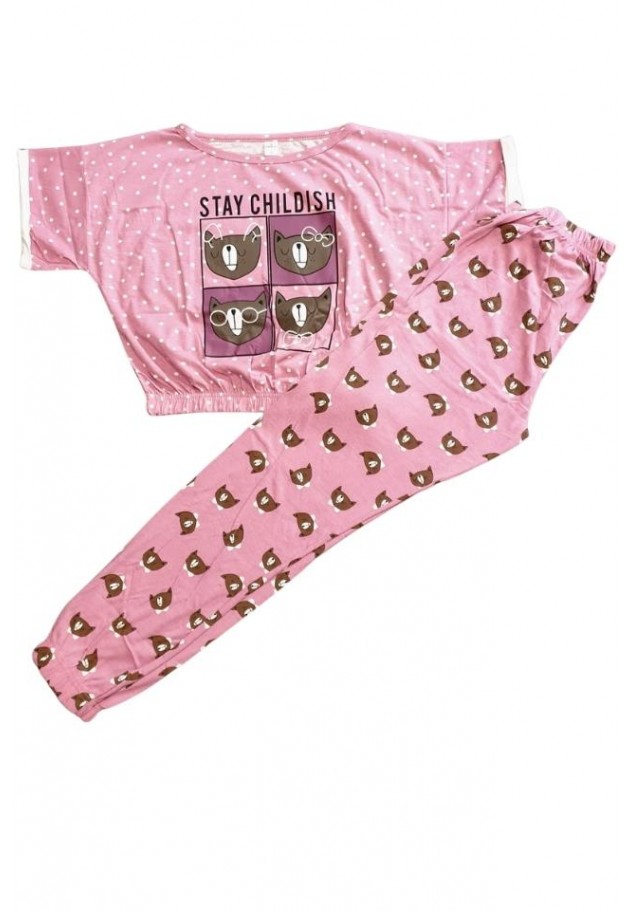Pijama dama din bumbac Serena cu imprimeu ,,Stay Childish'', maneca scurta si pantaloni lungi