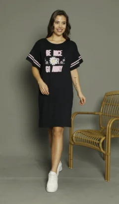 Rochie casual damă cu mânecă scurtă, până la genunchi, imprimeu Be Nice, negru