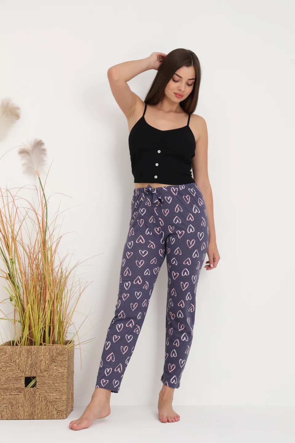 Pantaloni de pijama damă gri închis cu inimioare
