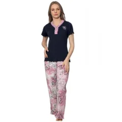 Set pijamale dama cu imprimeu frunza, bluza maneca scurta si pantaloni lungi, culoare negru