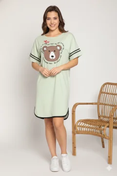 Rochie casual damă cu mânecă scurtă, până la genunchi, imprimeu ursulet, verde
