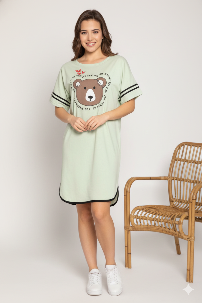 Rochie casual damă cu mânecă scurtă, până la genunchi, imprimeu ursulet, verde
