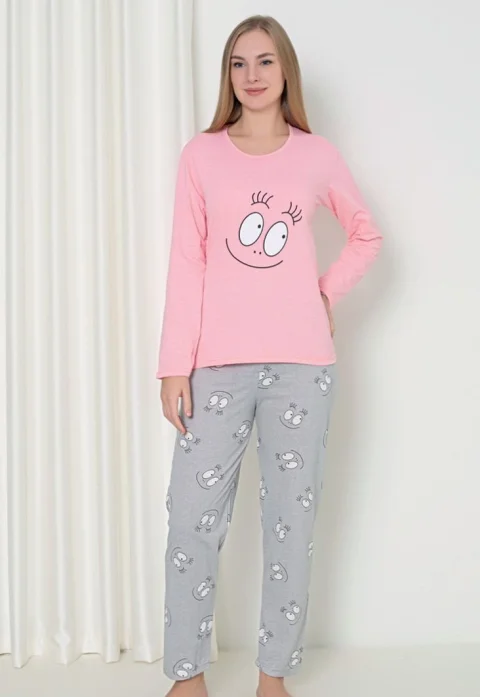 Pijama damă cu mânecă lungă și pantaloni lungi, imprimeu ,,Happy Face'', culoare roz