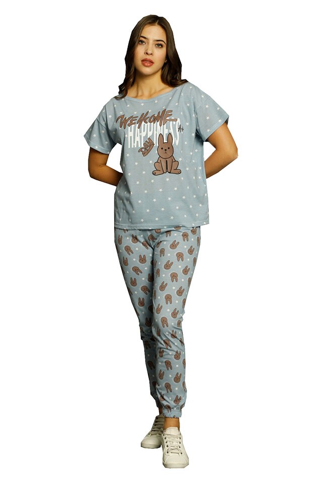 Pijama damă, cu mânecă scurtă  și pantaloni lungi din bumbac, imprimeu Hapiness