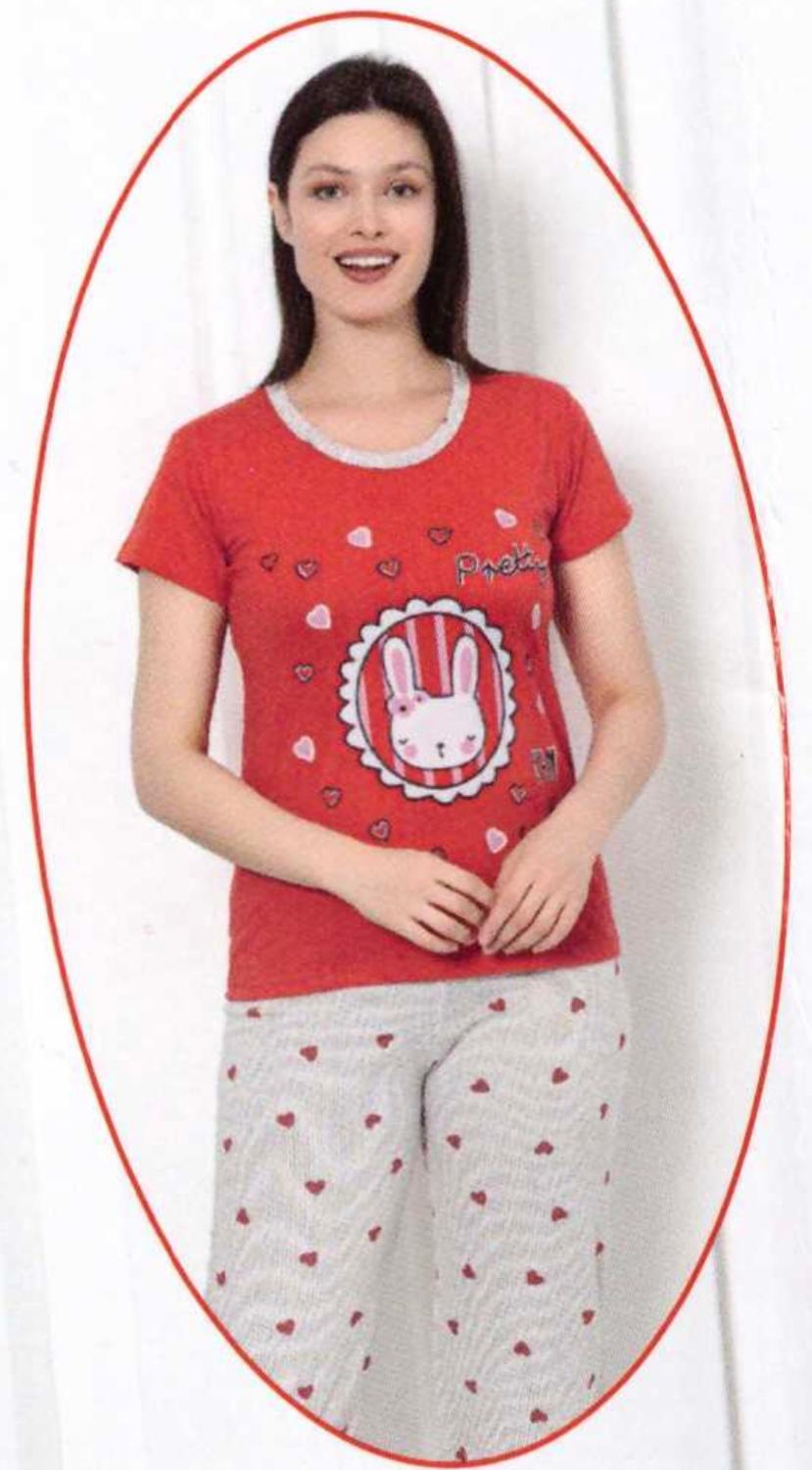 Pijama dama din bumbac cu imprimeu "Pretty Rabbit", maneca scurta si pantaloni 3/4, rosu
