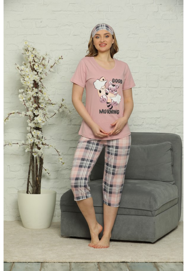 Pijama de Primăvară pentru Dama cu Masca de Dormit, maneca scurta, pantaloni 3/4, Imprimeu Good Morning, roz