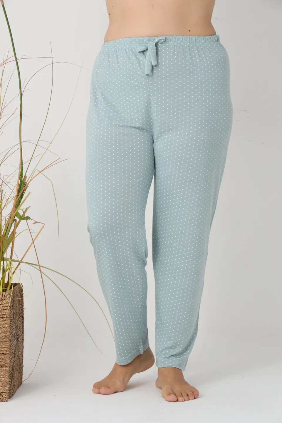 Pantaloni de pijama damă Big Size, verde cu puncte albe