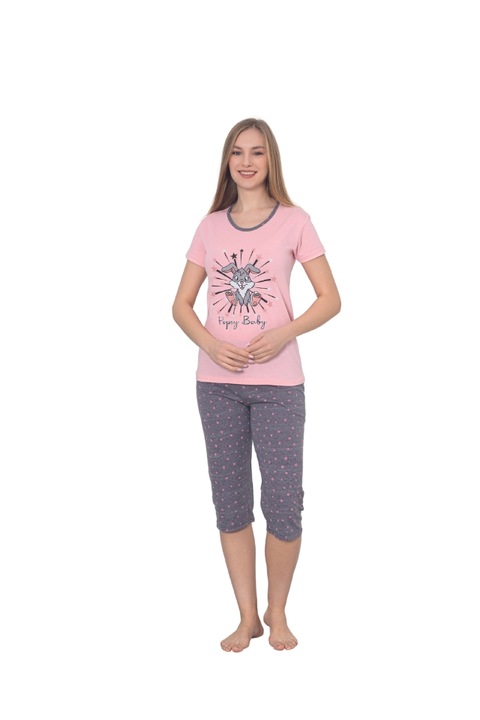 Pijama dama din bumbac, imprimeu ,,Popey Baby'' maneca scurta si pantaloni 3/4, roz