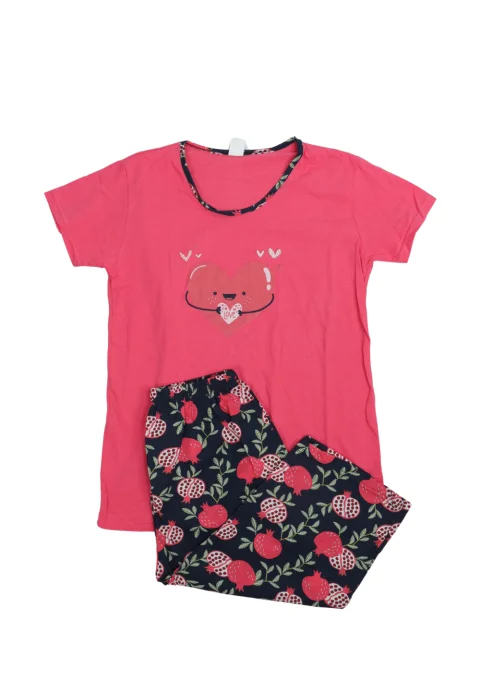Pijama dama din bumbac cu imprimeu "Inima", maneca scurta si pantaloni 3/4, roz