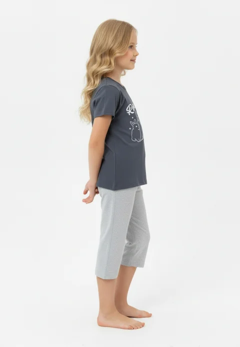 Pijama fete Paște, Gri – tricou bumbac 100% și pantaloni 3/4