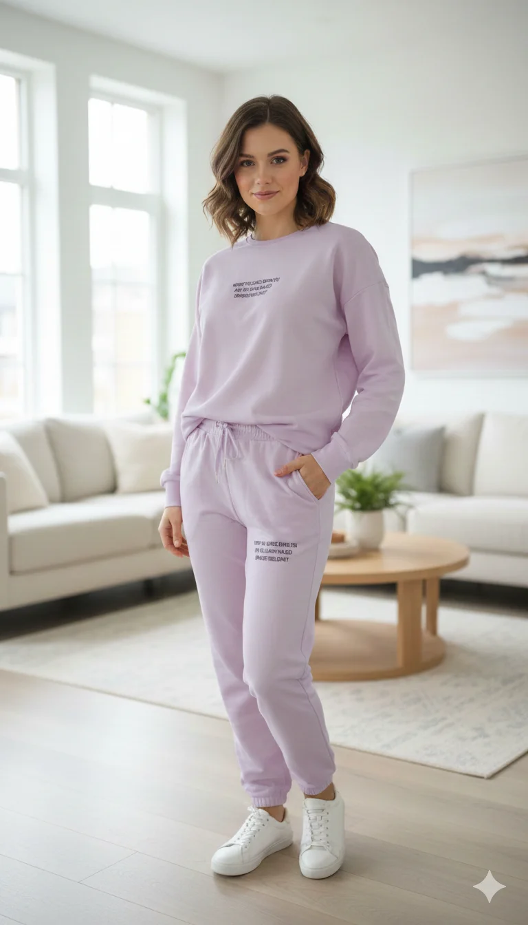 Trening damă lila din 2 piese – pantaloni lungi și bluză cu imprimeu text