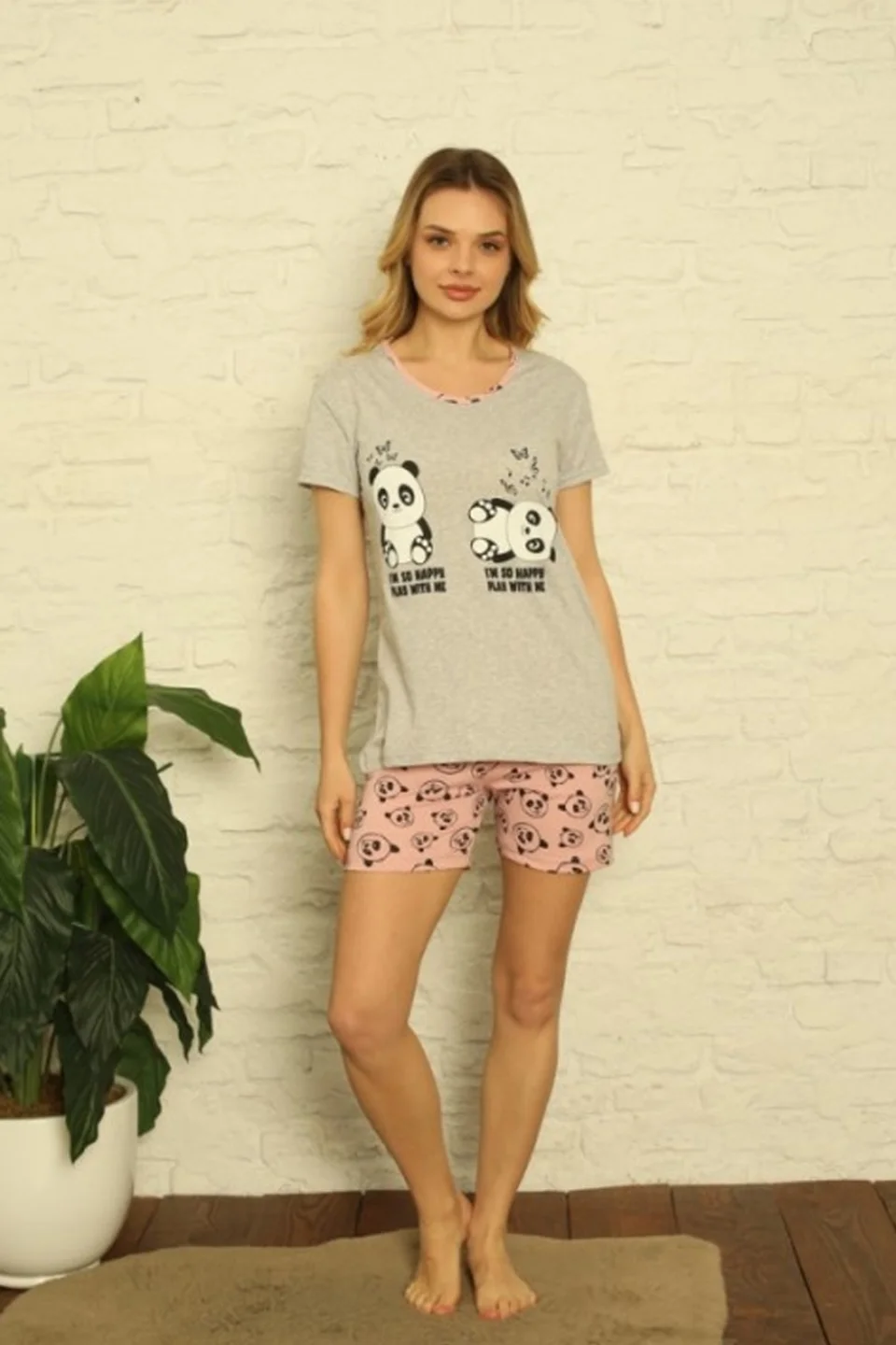 Pijama damă Serena, culoare gri, imprimeu urși panda