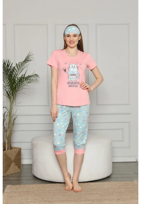 Pijama pentru Dama cu Imprimeu Pisică - Set de Primăvară, Pantaloni 3/4
