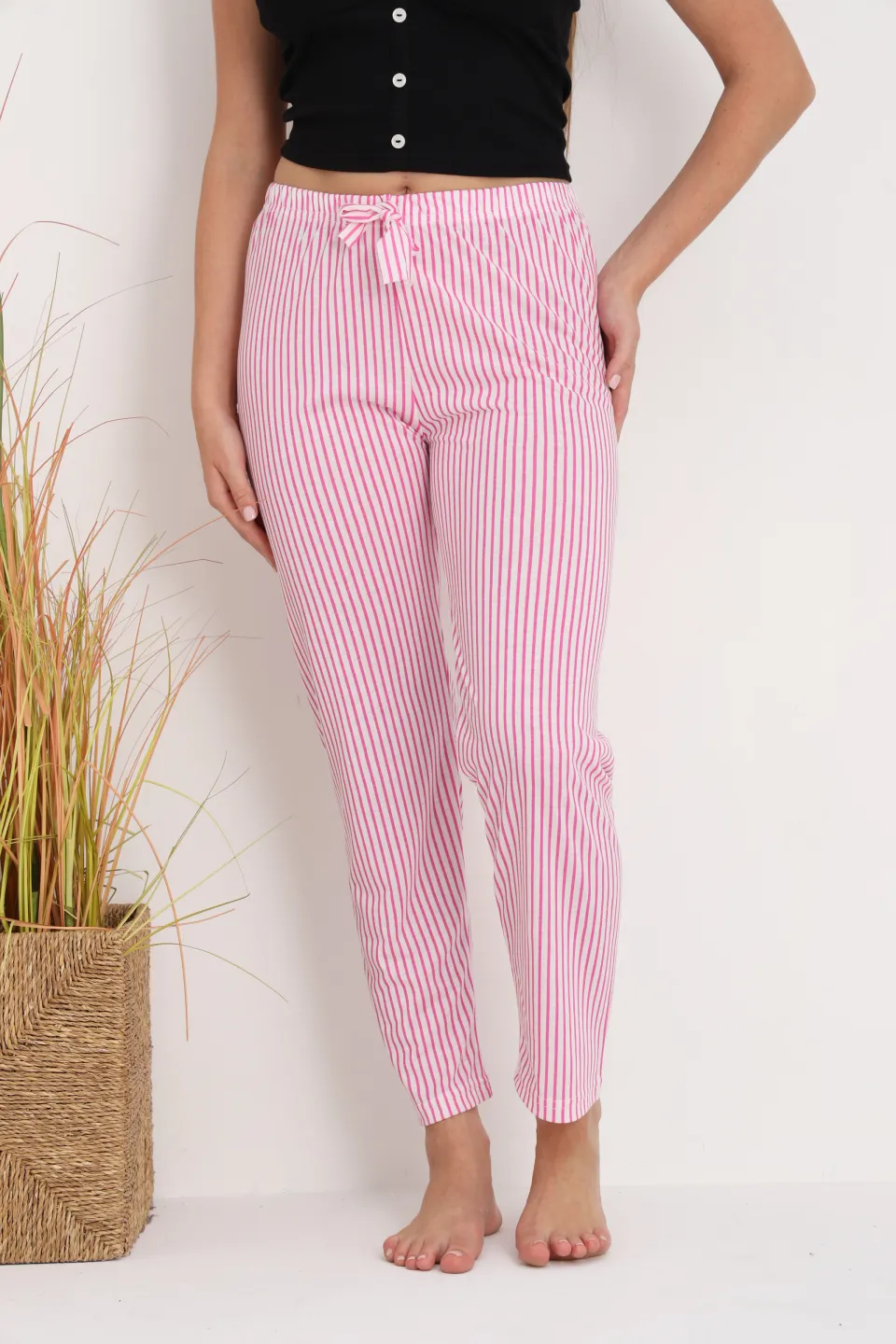 Pantaloni de pijama damă cu dungi roz și albe