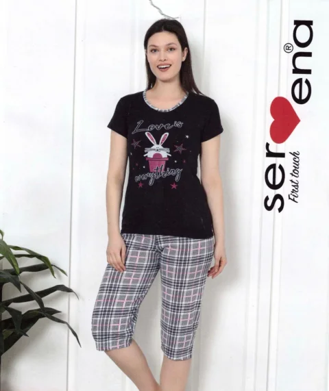 Pijama dama din bumbac, imprimeu ,,Love Is Everything'', maneca scurta si pantaloni 3/4, negru
