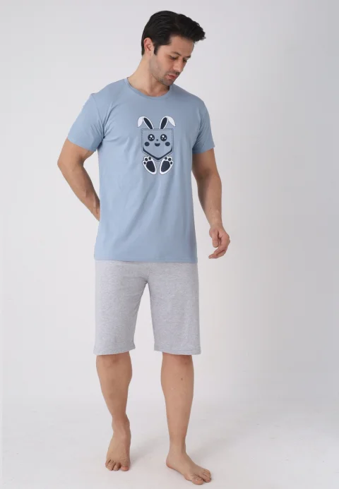 Pijama bărbați Paște, Albastru Deschis– tricou bumbac 100% și pantaloni 3/4