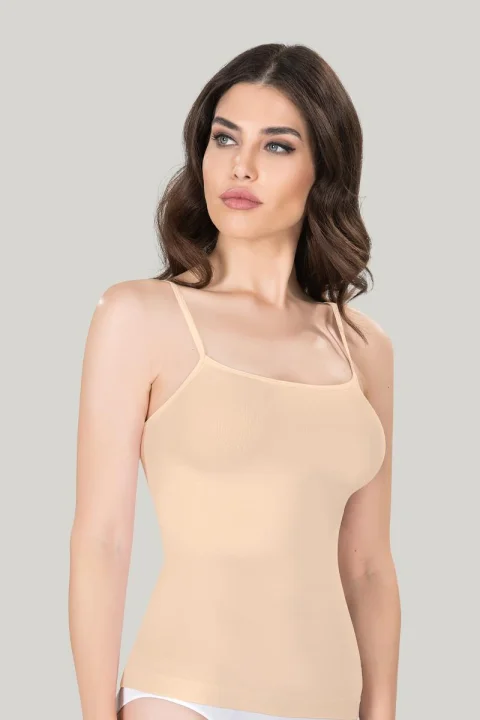 Maiou dama modelator in talie cu bretele subtiri, material moale, bej