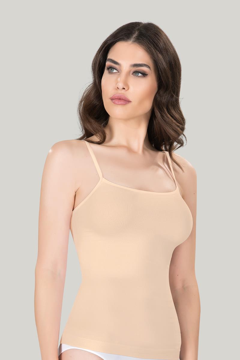 Maiou dama modelator in talie cu bretele subtiri, material moale, bej